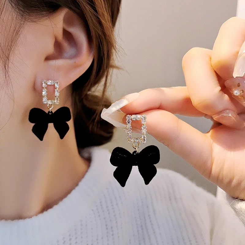 

Korean Black Bow Earrings Premium Feel Flocked Dangle Earrings s925 Silver Needle Bow Earrings For Women