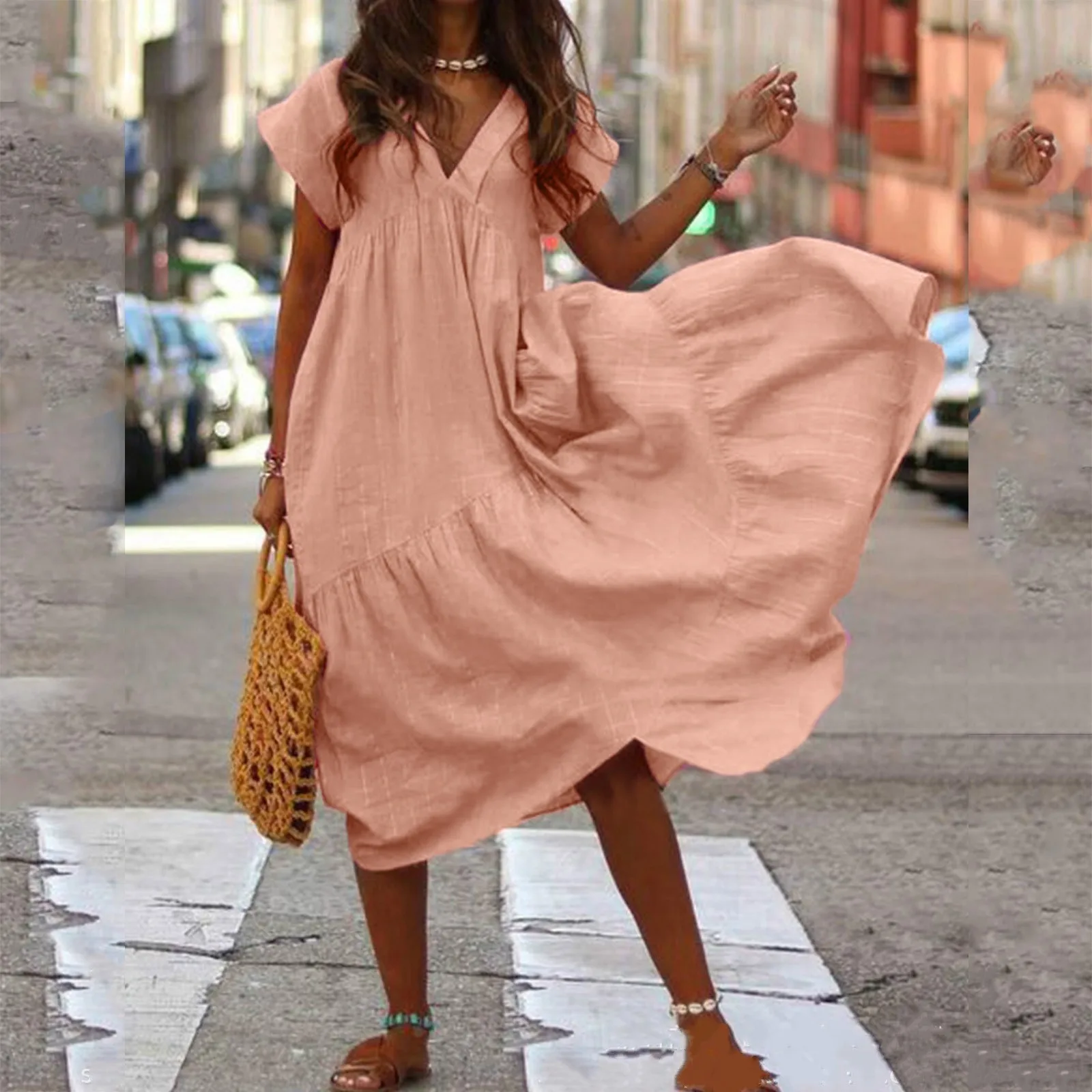 

Женское винтажное однотонное хлопковое льняное платье весна-лето повседневное длинное платье с v-образным вырезом с коротким рукавом на пуговицах пляжное платье 2023