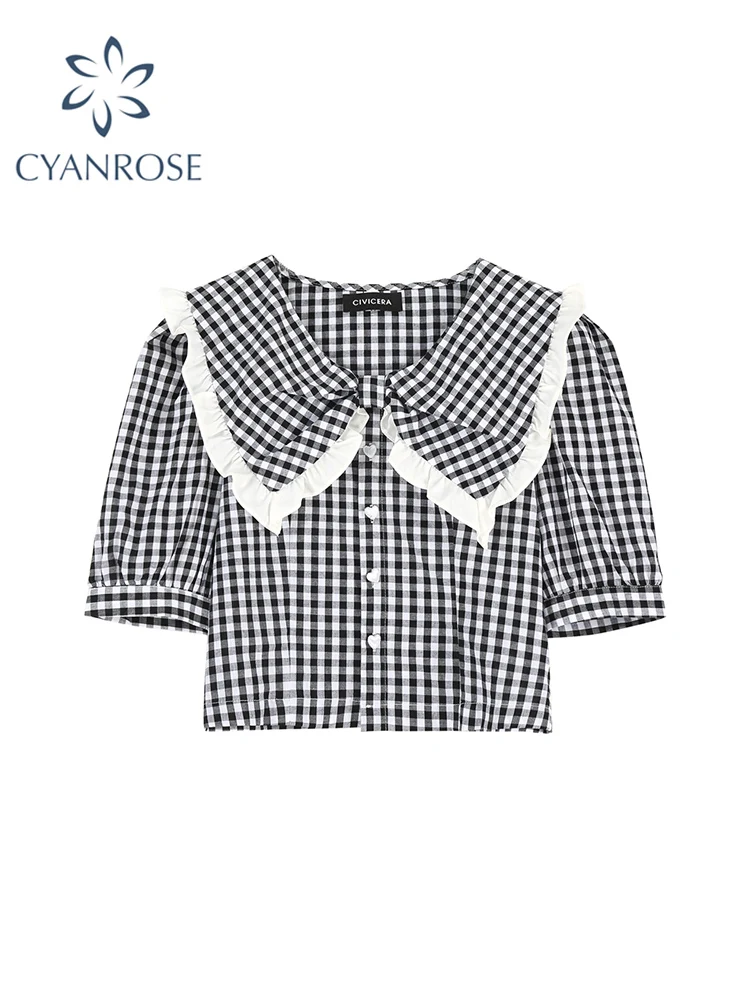 

Blouses Shirt For Women 2022 Summer Vintage Plaid Bow Peter Pan Collar Kawaii Crop Top Puff Sleeve Korean Elegant Fashion Shirt