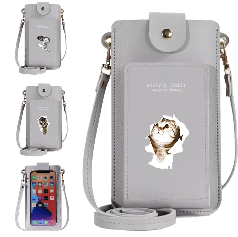 Купи Women's Mobile Phone Bag Hasp Wallets Card Pack Shoulder Bags Cat Print Handbag for Apple/Samsung Touch Screen Cell Phone Purse за 2,193 рублей в магазине AliExpress