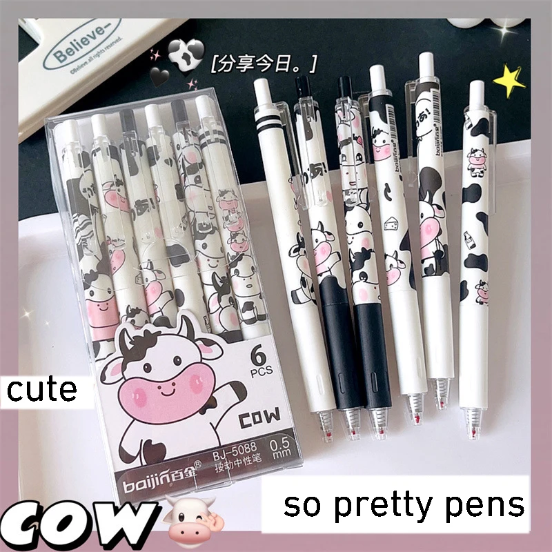 

6pcs Kawaii Pens Cartoon Cow 0.5mm ST Black Ink Pens Aesthetic Stationery Pen Set Pretty Pens Ballpoint Pen Back To School