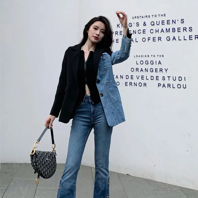 2021 New Autumn Women Personality Suit Irregular Stitching Denim Jacket Spring Fashion Female Slim Small Suit Blazer OL Blazers
