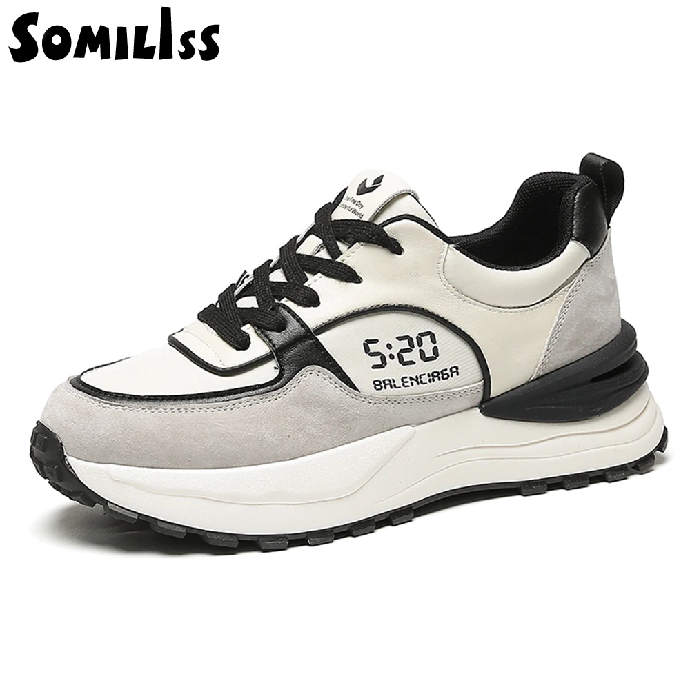 SOMILISS Women Chunky Sneakers Suede Patchwork Mixed Colors Lace-Up Round Toe Shoes Breathable Lightweight Lady Casual Sneaker