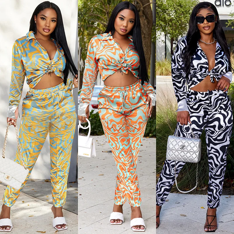 

2022 Fashion Ripple Print Long Sleeve Shirt Set Women Sexy Lapel Tie Top and Pants Two Piece Set Holiday Casual Outfits