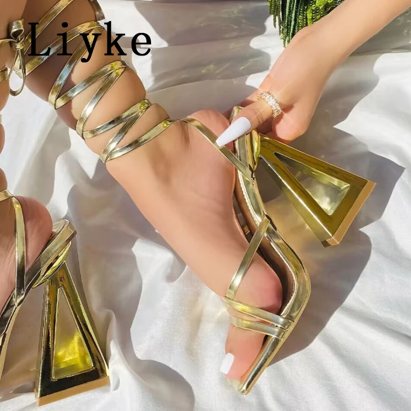 

Liyke New Design Strange High Heels Women Sandals Summer Gladiator Square Toe Lace Up Pumps Party Prom Shoes Female Size 35-42