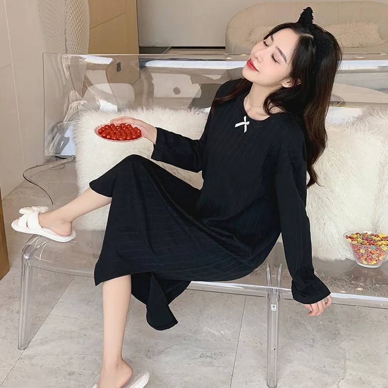 M-4XL Korean Simple Long Sleeve Spring Autumn Nightgowns Women Plus Size Cotton Sleepwear Dress Female Nightwear Night Shirt