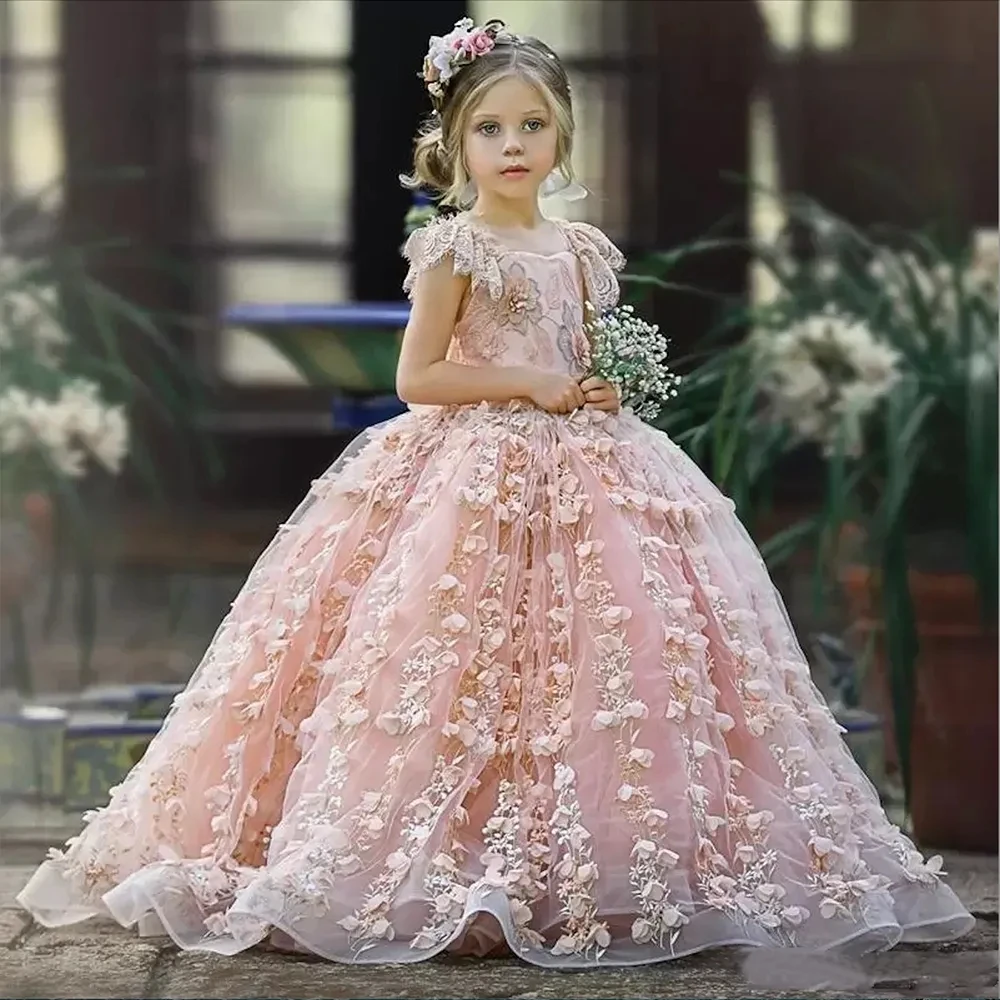 

Lovely Pink Lace Flower Girls Dresses Square Neck Beaded 3D Floral Appliqued Prom Gowns Kids Tulle Backless Long Pageant Corset