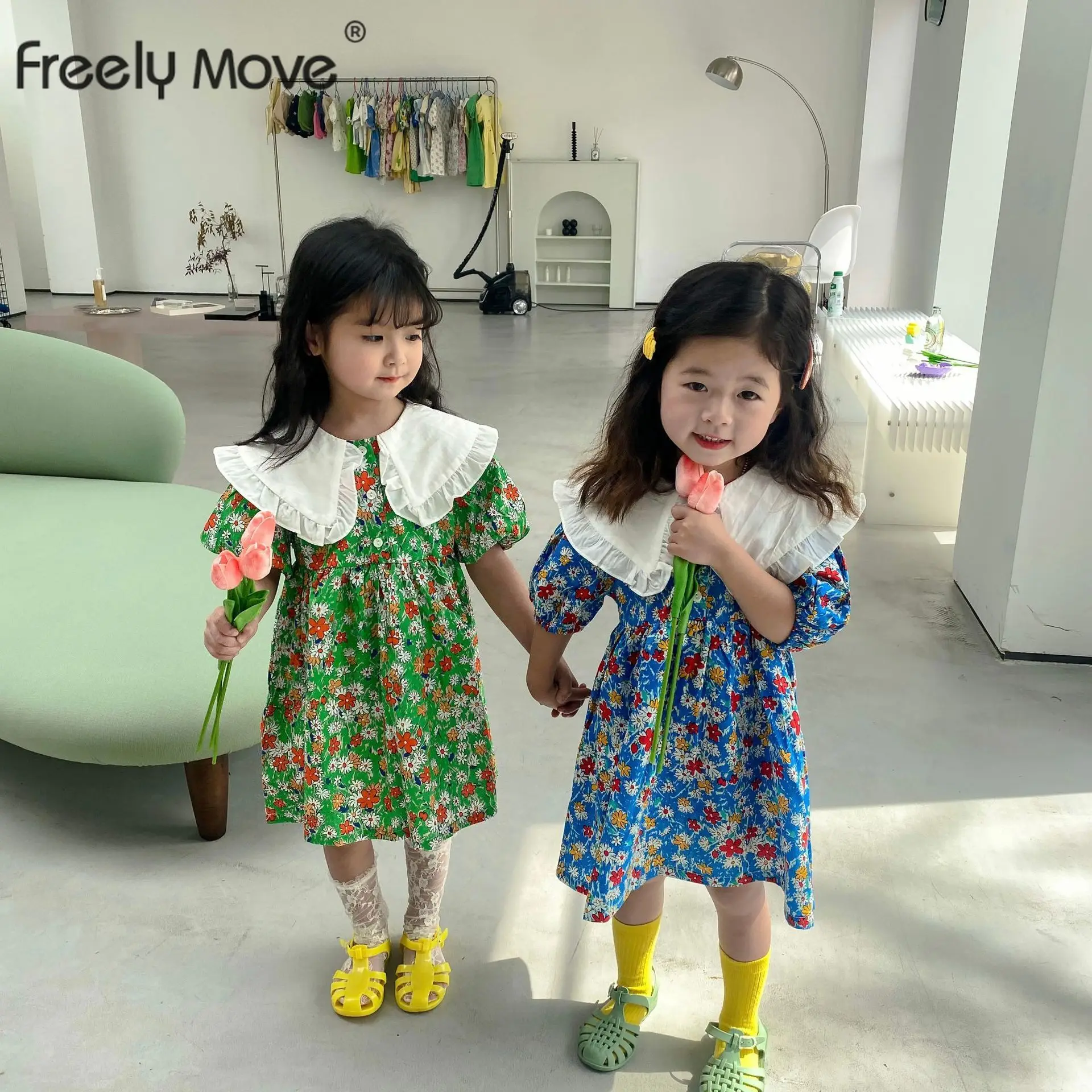 

Freely Move Girls Casual Dresses 2022 New Summer Kids Baby Flowers Print Costumes Floral Party Birthday Princess Vestidos 2-6Y