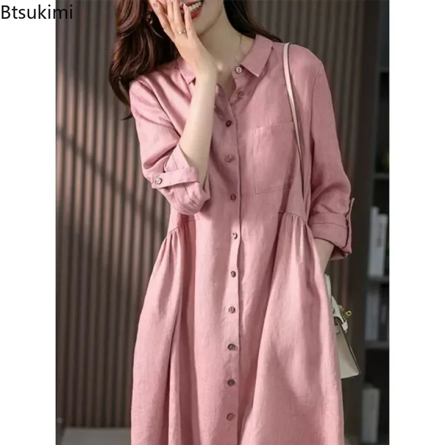 2024 летнее модное хлопково-льняное платье-рубашка для женщин удобное свободное