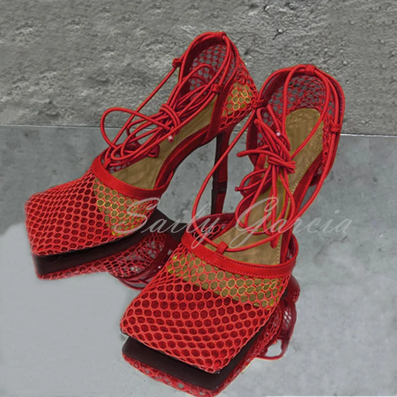 Hollow Breathable Mesh Women Sandals Square Toe Stiletto High Heels Women Pumps Ankle Strap Lace-Up Elegant Dress Shoes
