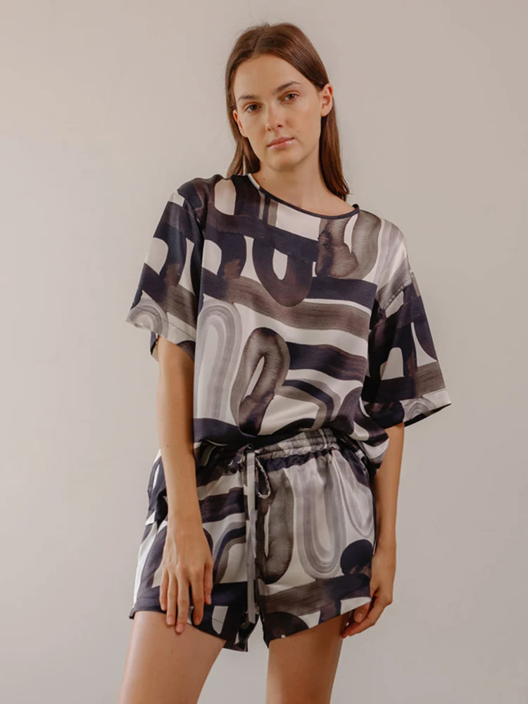 

Hiloc Abstract Pattern Women's Satin Pajamas Short Sleeve Loungewear Women Set With Shorts 2022 Summer Print Set Woman 2 Pieces