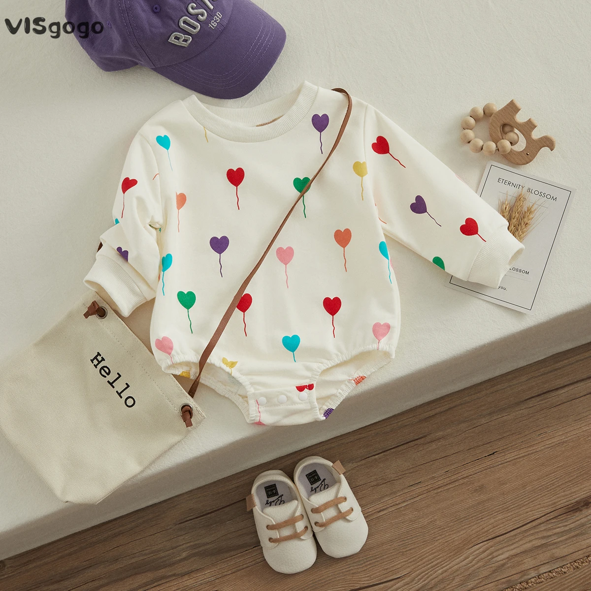 

VISgogo Newborn Romper Baby Girl Round Neck Long Sleeve Heart balloon Pattern Jumpsuit Elastic Cuff Bodysuit Spring Fall Clothes