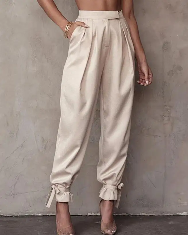 Fashion Trousers Ladies 2023 Ruched Pocket Design Casual High Waist Cuffed Pants Women Summer Basic Streetwear Female Clothing