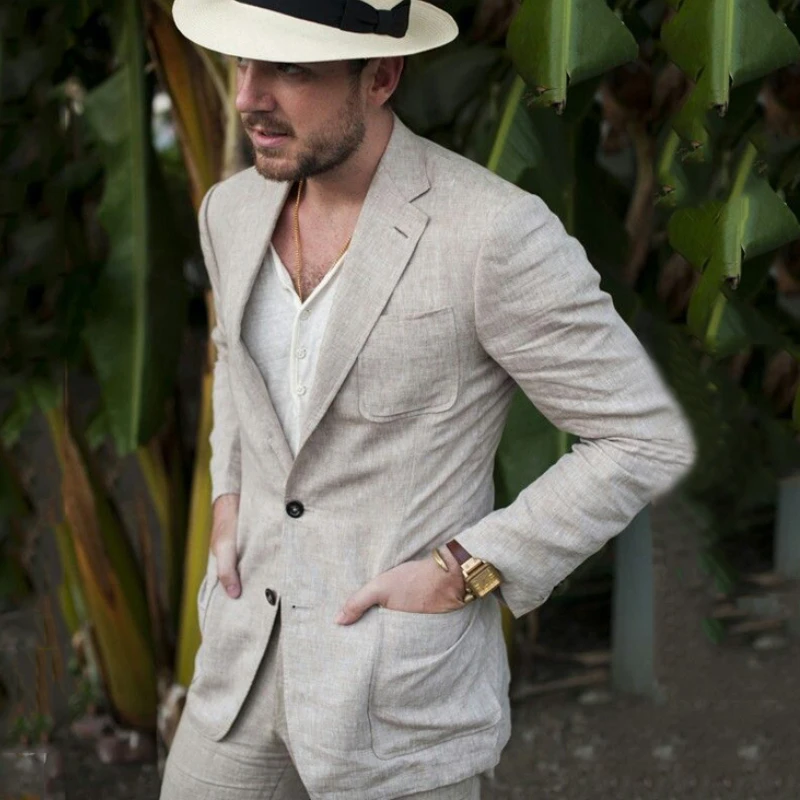

Льняные летние мужские свадебные костюмы, приталенные повседневные смокинги для жениха, блейзер для лучшего мужчины, 2 шт. (пиджак + брюки) 2023
