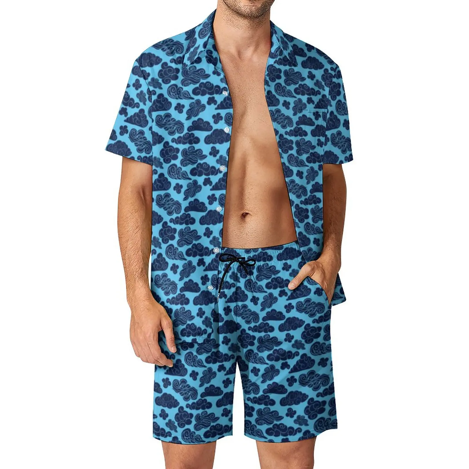 

Abstract Cloud Beach Men Sets Auspicious Clouds Print Casual Shirt Set Summer Pattern Shorts Two-piece Fashion Suit 2XL 3XL