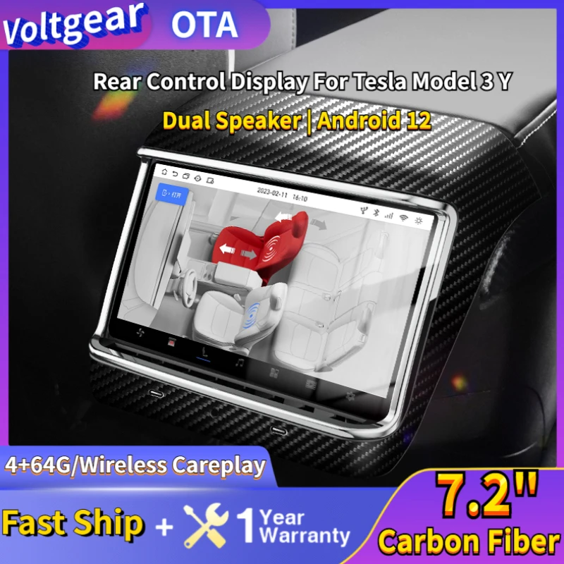 

New 7.2" Carplay Rear Display For Tesal Model 3 Y Air Conditioning Control Panel Screen Entertainment Player Carbon Fibre