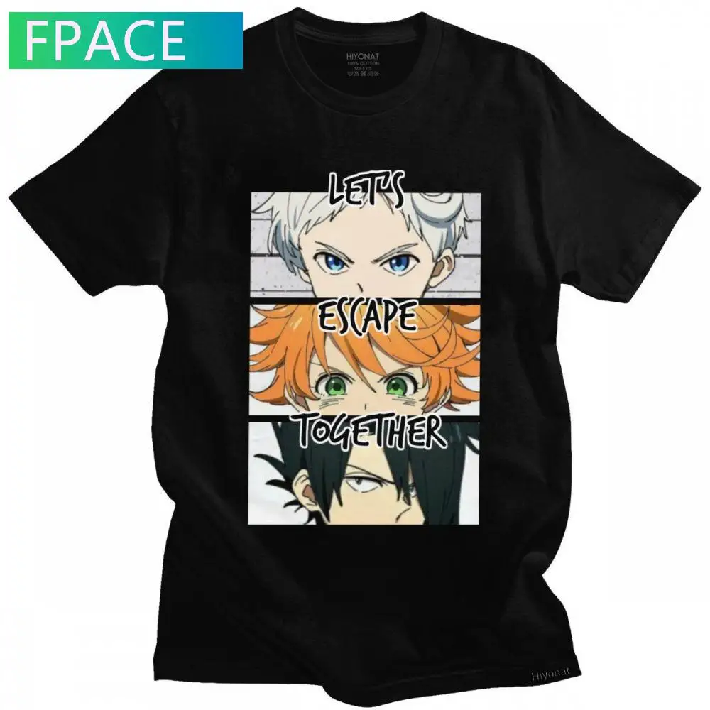 

The Promised Neverland T Shirt for Men Pure Cotton Awesome T-shirt Short Sleeved Emma Manga Norman Ray Anime Tee Clothing Gift