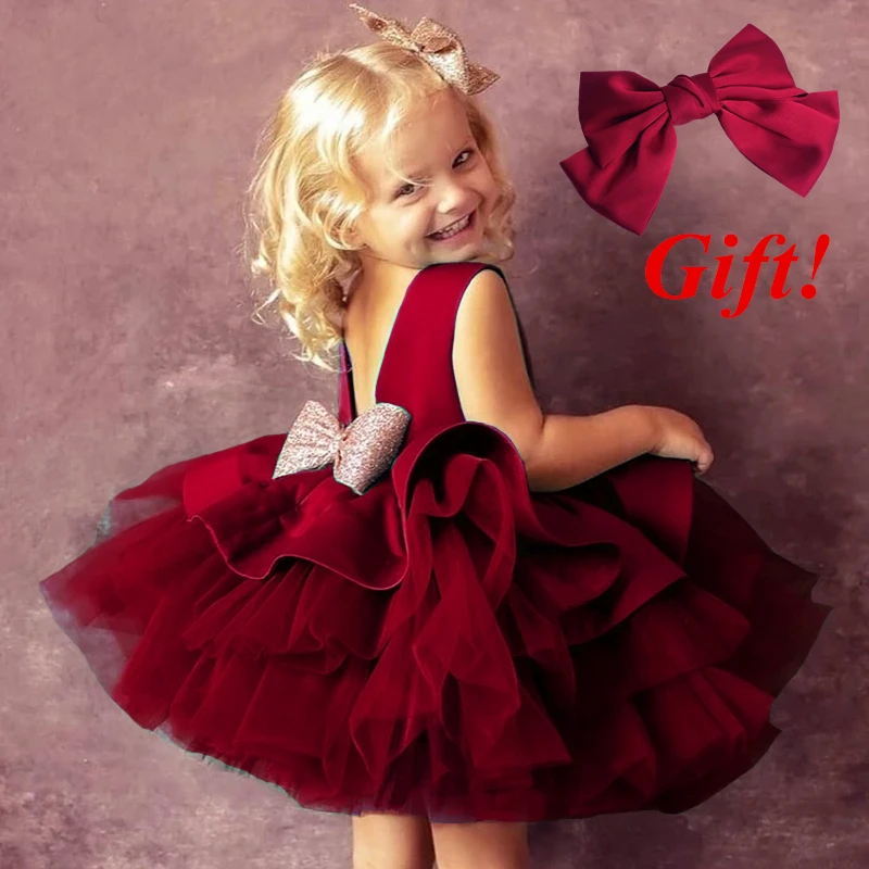 

Red Christmas Dress for 1st First Baby Girl with Headband Toddler Girls New Year Birthday Party Outfits Infant Christening Gown