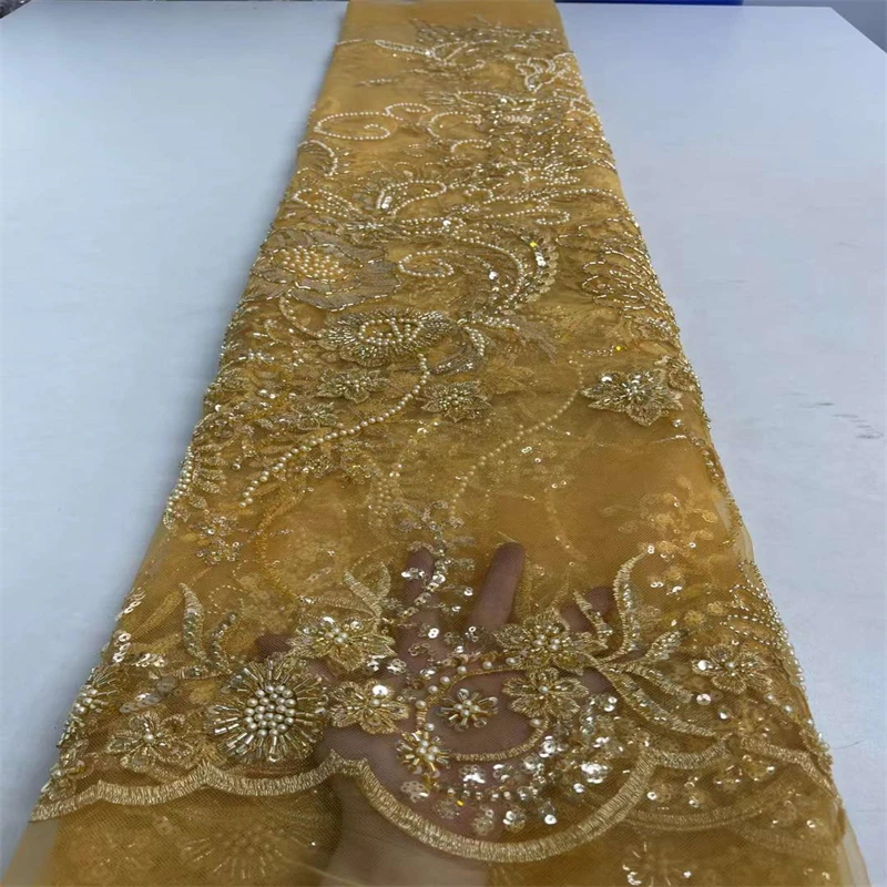 

Latest African Lace Fabric Embroidery French Sequins Lace Fabrics 2022 Tulle Lace With Beads For Wedding Dress ZX-375