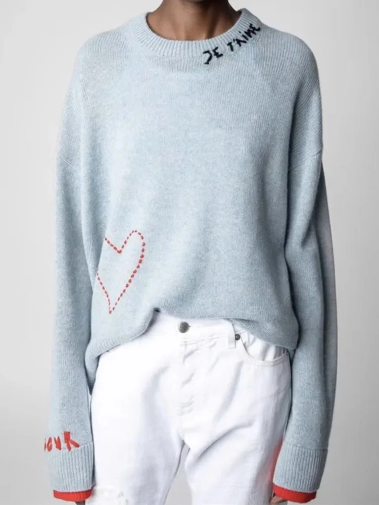 

Женский свитер с вышивкой в форме сердца, 100% кашемировый короткий перед и длинная спина, цветной джемпер в стиле пэчворк