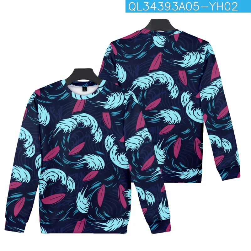 

Fashion Autumn Cartoon Wave Boat Printed O-Neck Long Sleeve Sweatshirt Casual Men Minimalist Pullover Harajuku Hoodies