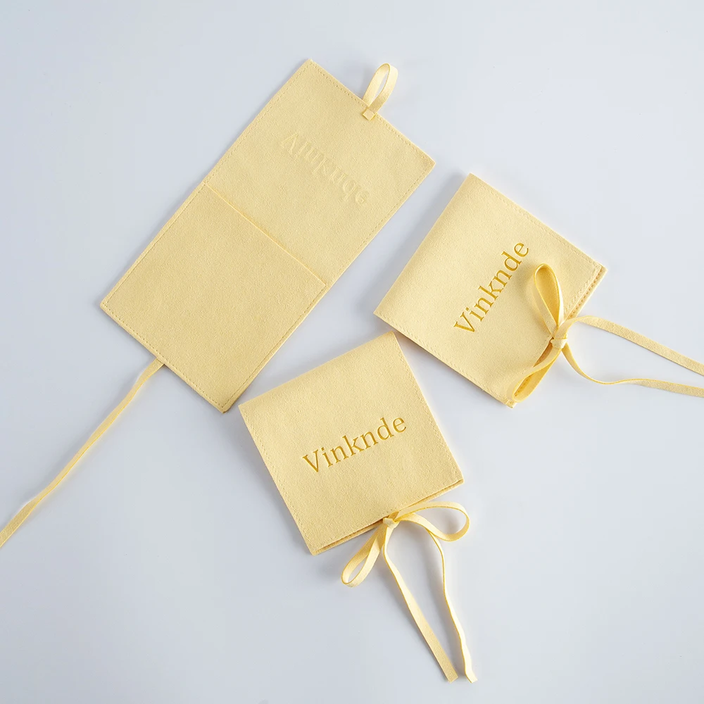 50 Jewelry Gift Bags Custom Logo 8X8cm Yellow Microfiber Packaging Pouch For Rings Earrings Tarot Card Wedding Favors Velvet Bag