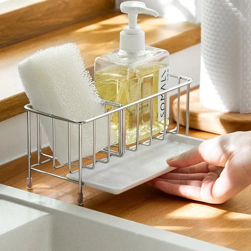 

Homaxy Stainless Kitchen Organizer With Drain Pan Storage Organizer Punch-free Sink Detergent Home Storage Shelf Kitchen Rack