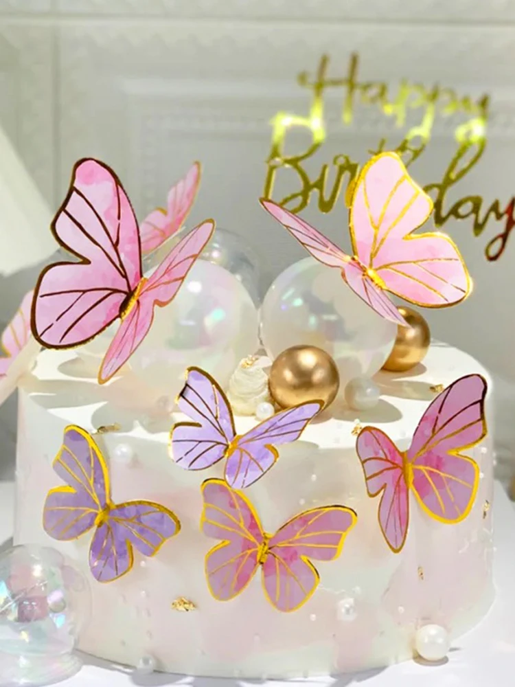 

Symphony Simulation Butterfly Cake Decoration Creative Pink Magic Ball Plug-in Card Birthday Dessert Table Dress Up Accessories