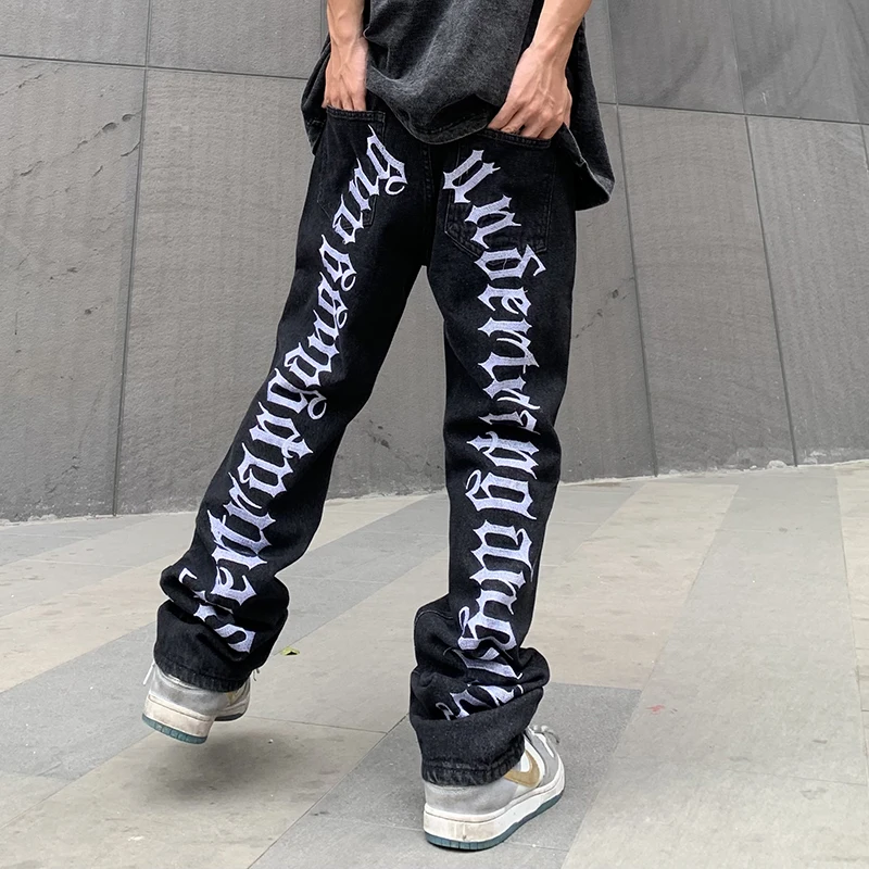 Ripped Hip Hop Hole Embroidery Jeans Men's Korean Oversize Straight Black Vibe Denim Trousers Loose Harajuku Retro Jean Pants