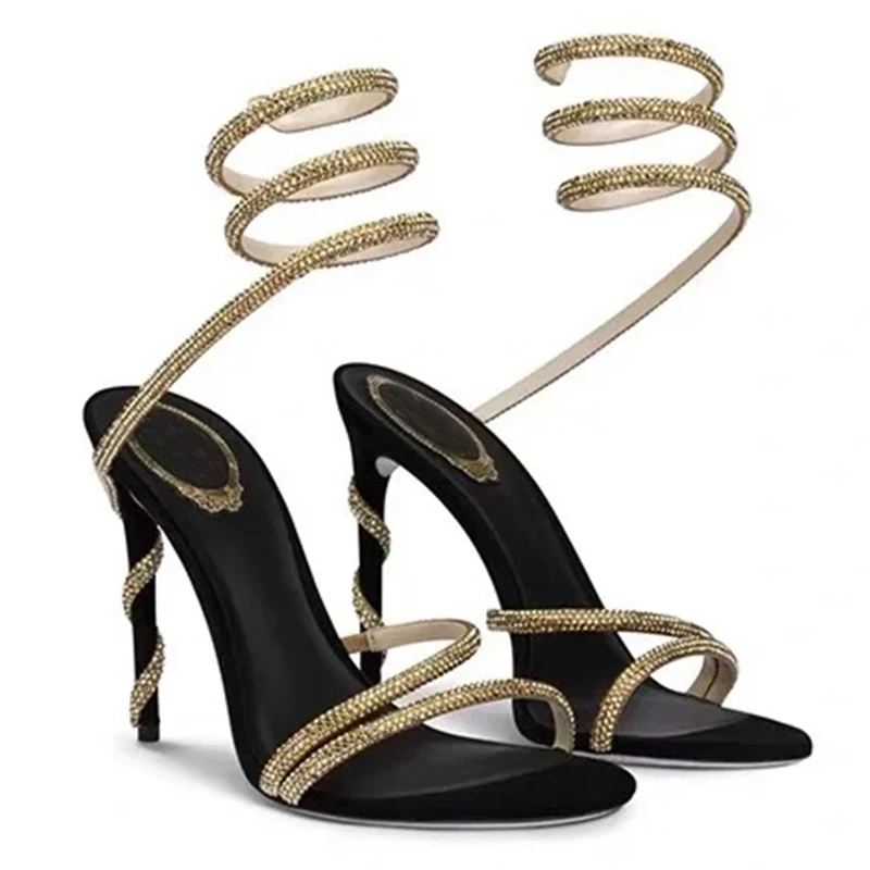 

High end 2023 New High Heels, Rhinestone Snake Wrapped Slim Heels, Open Toed French Slim Sandals for Women