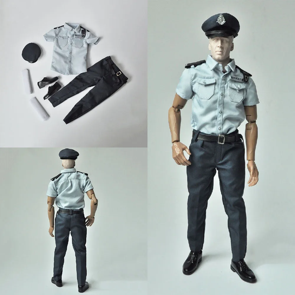 

1/6 Men's HK Policeman Short Sleeve Shirt Pants Clothes Set Cap Shoes Accessory Model for 12 inches Male Solider Action Figure