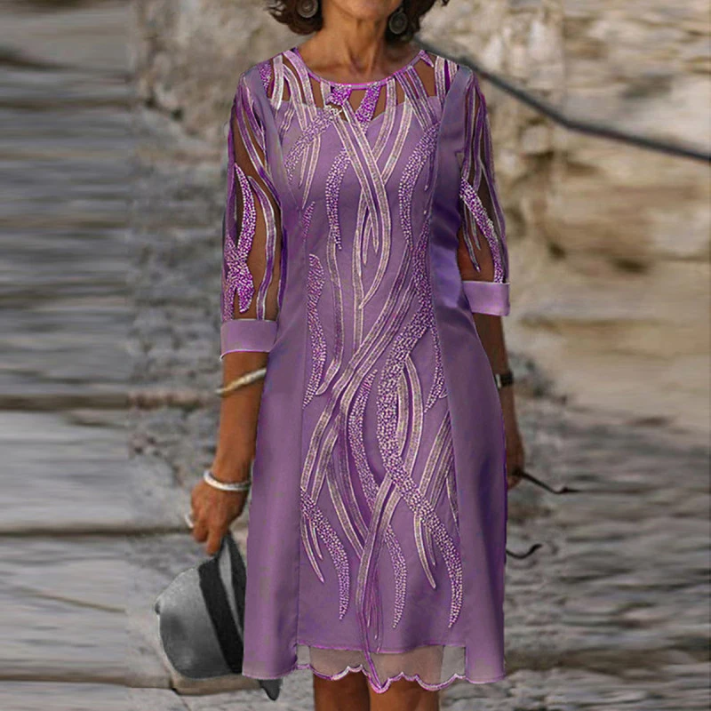 

5XL Elegant Lady Lace Party Dress Women O Neck Casual Hollow Out Loose Dresses Summer Spring 3/4 Sleeve A-line Beach Dress Robe