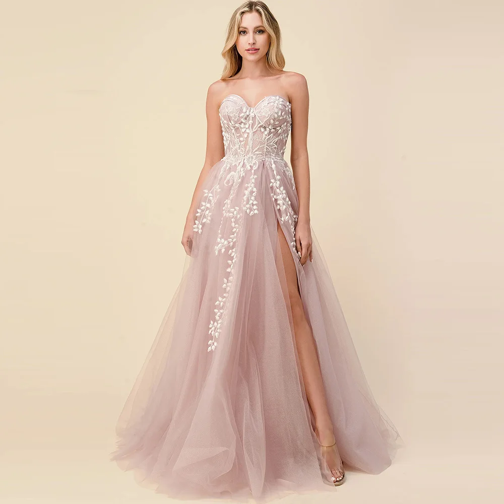 

Роскошные вечерние платья без бретелек, ТРАПЕЦИЕВИДНОЕ женское платье без рукавов с высоким разрезом, элегантное Тюлевое платье с аппликац...