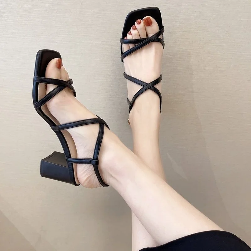 

Summer New Women Shoes 2022 Chunky Sandals Rome High Heels Shoes Mules Open Toe Party Sexy Pumps Shallow Flip Flops Mujer Slides