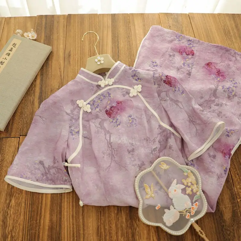 

Китайское платье Qipao с винтажным принтом фиолетовое платье Qipao 2023 с перевернутыми рукавами Молодежный стиль элегантное платье высокого класса