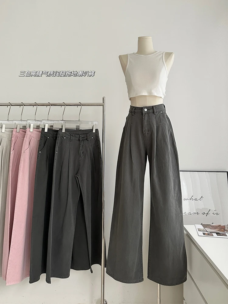 

Женские Модные мешковатые джинсовые брюки в Корейском стиле, плиссированные дизайнерские джинсы, прямые свободные длинные брюки, уличная одежда Y2k, простая Базовая удобная одежда