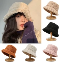 2022 autumn winter unisex harajuku bucket hats solid women bob fishing fisherman hat lamb wool outdoor warm panama cap for men