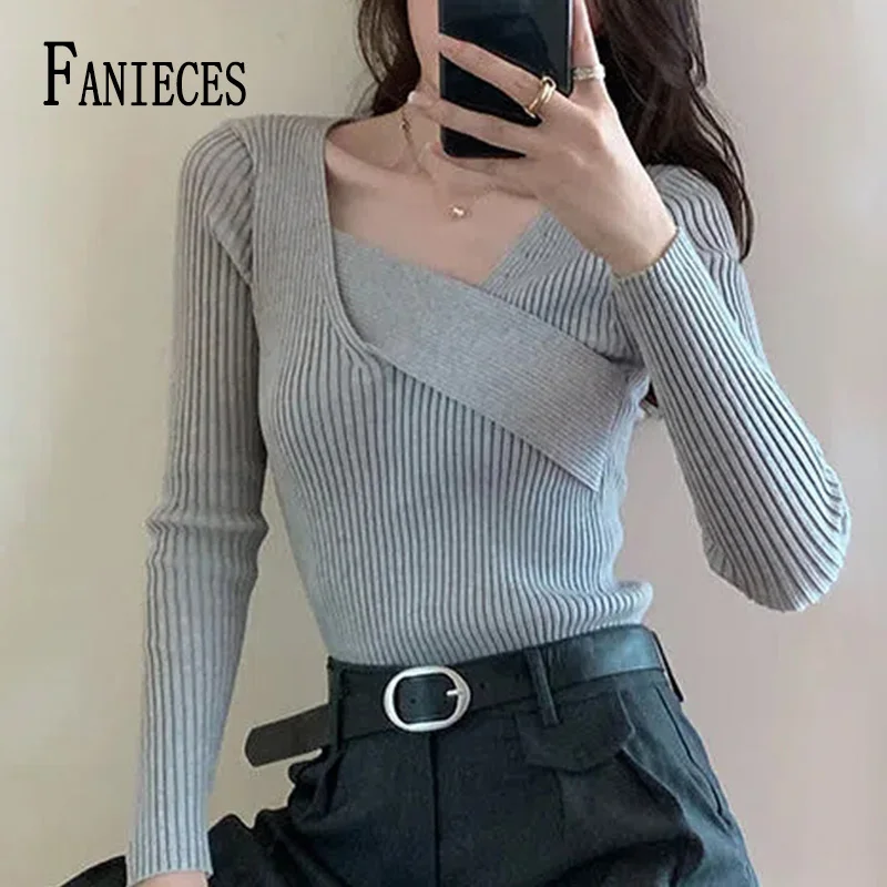 

Женские топы FANIECES 2023, Вязаная футболка с длинным рукавом, базовые женские футболки, футболка, футболка, Женская эластичная футболка, Женский Топ