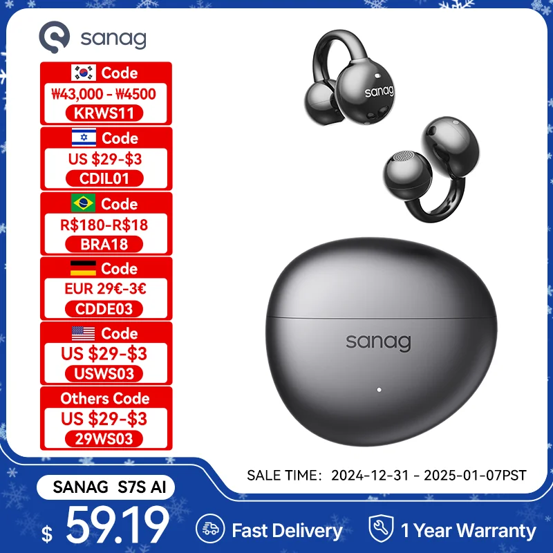 Фото Sanag S7S AI Free Clip открытые наушники Bluetooth 5,4 наушники AI Assistant беспроводная гарнитура IPX4 растягивающиеся наушники-вкладыши №1