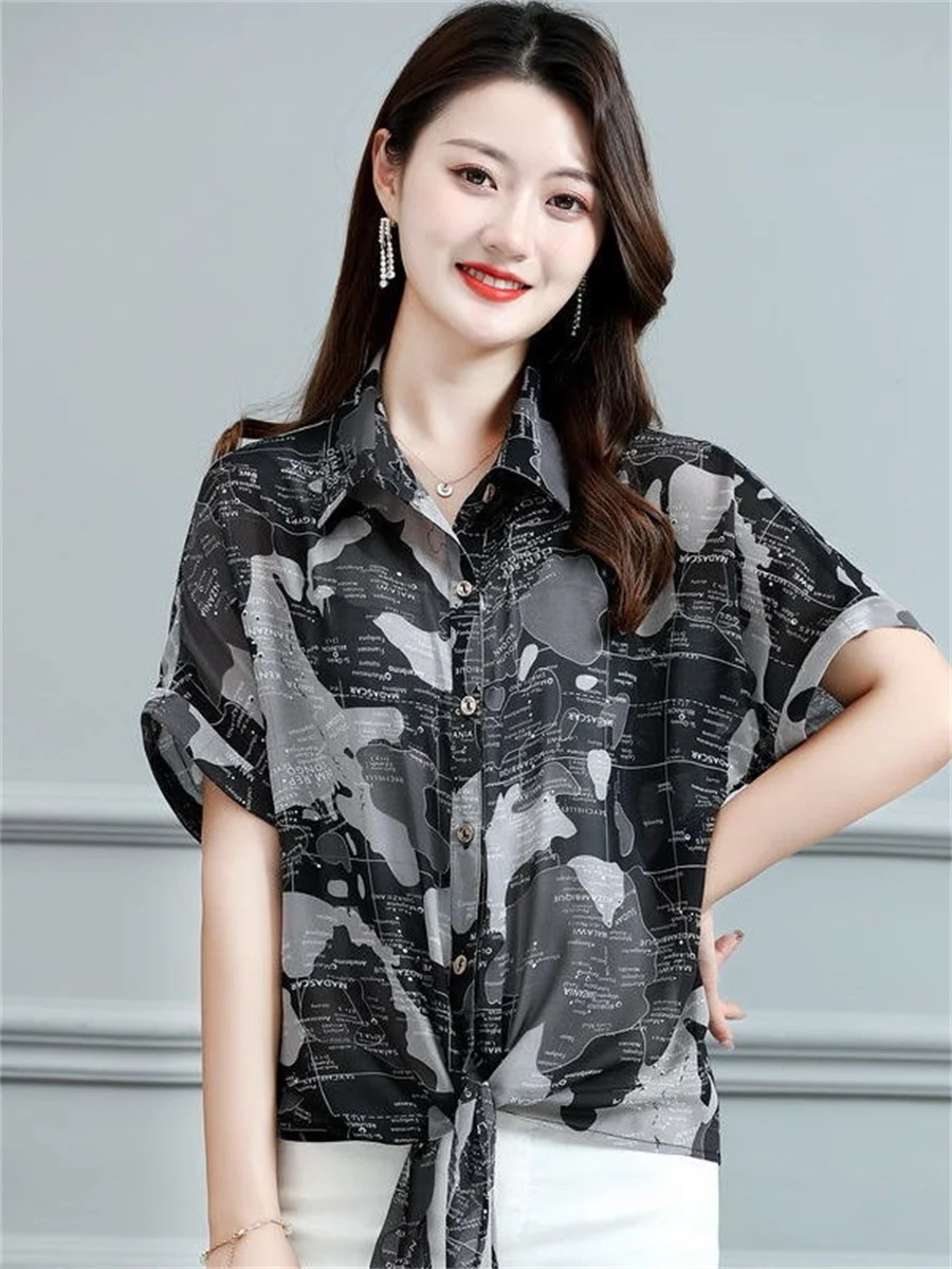 

5XL Women Spring Summer Blouses Shirts Lady Fashion Casual Short Sleeve Turn-down Collar Flower Printing Blusas Tops TT2308