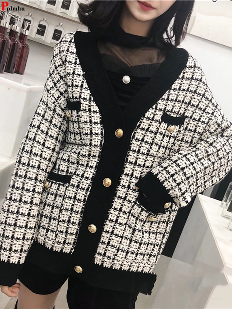 

Spring Fall Plaid Button Knit Cardigan Warm Loose Sweater Jacket Korean Soft Tops Abrigos Patchwork V-neck Long Sleeve Casaco