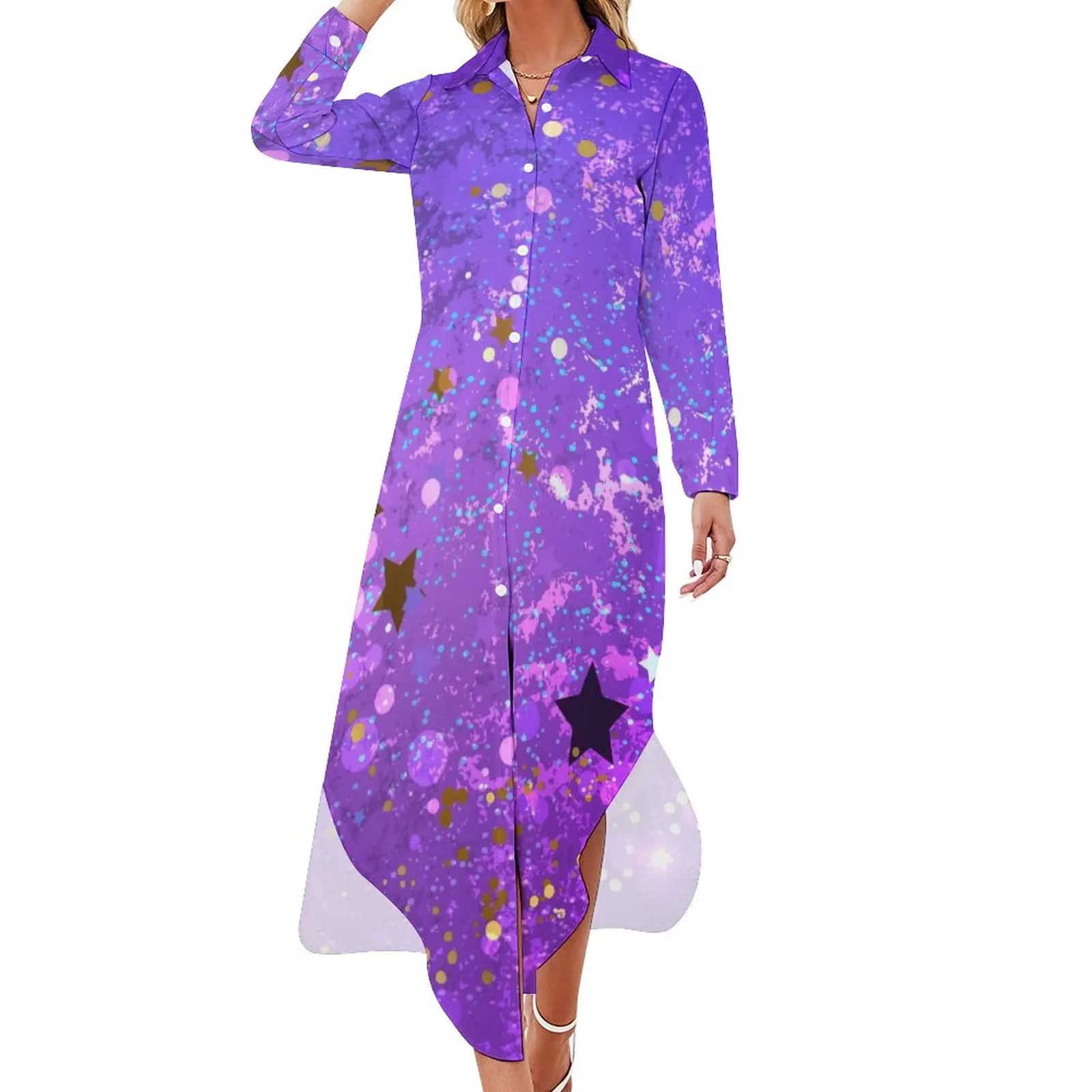 

Шифоновое платье с золотистыми звездами, пикантные элегантные платья с V-образным вырезом и принтом с фиолетовыми блестками, женское Стильн...