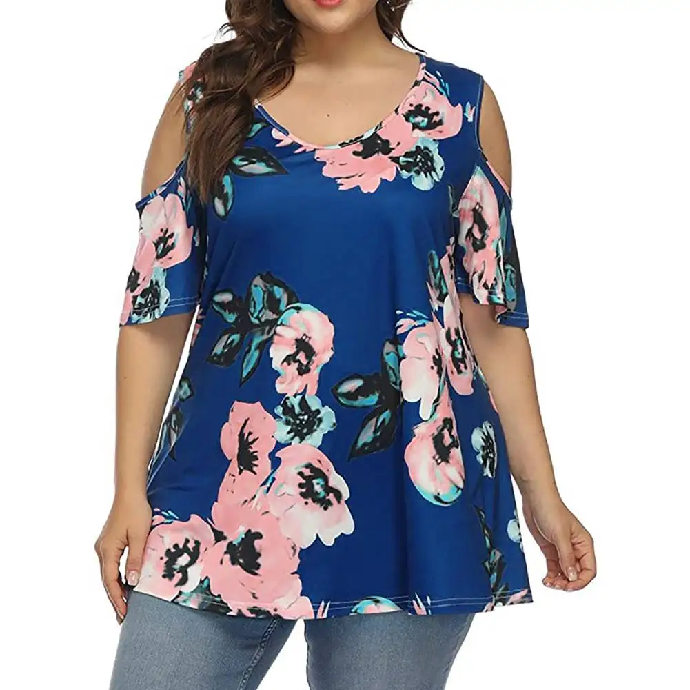 

Women's Plus Size Tops V Neck Floral Printed T Shirts Summer Short Sleeve Flower Tunic Tee Casual Oversized Loose Peplum Tee Top
