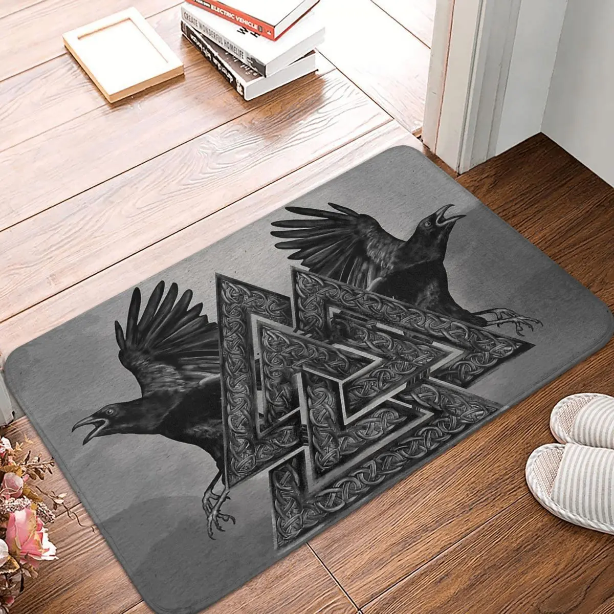 

Bath Mat Viking Vikings Valknut Symbol And Ravens Doormat Flannel Carpet Outdoor Rug Home Decor