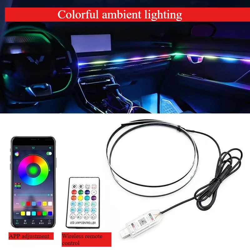Фото USB-салон автомобиля Полноцветный RGB Автомобильный светодиодный окружающий свет Акриловые полосы Интерьерная скрытая атмосферная лампа с приложением и пультом дистанционного управления №2