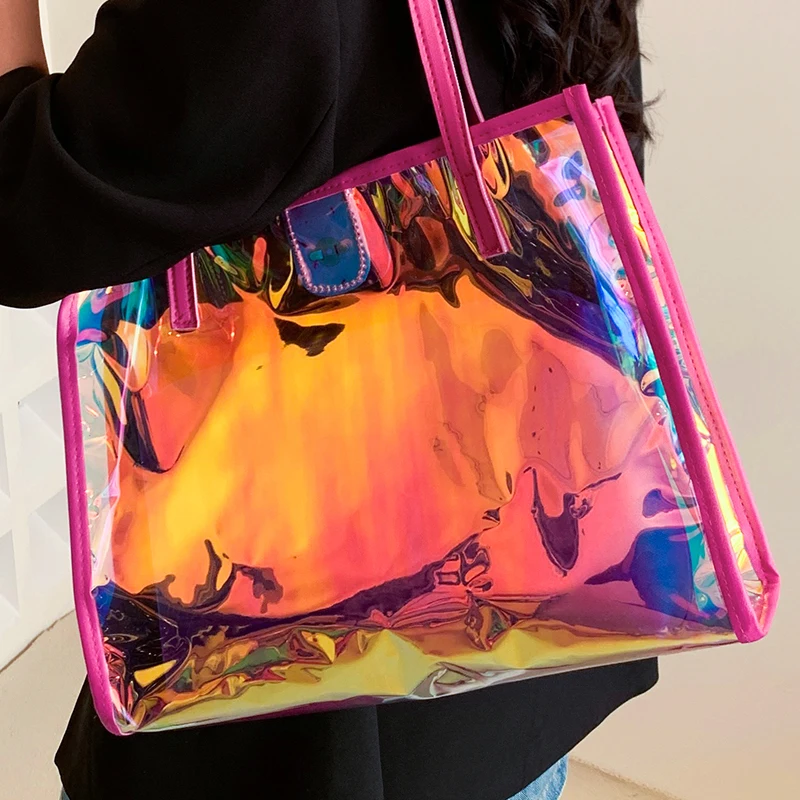

Female Rose Transparent Handbag Large Laser Composite Bag Ladies Summer Seaside Beach Tote Bag Women Shopper Wallet Shoulder Bag