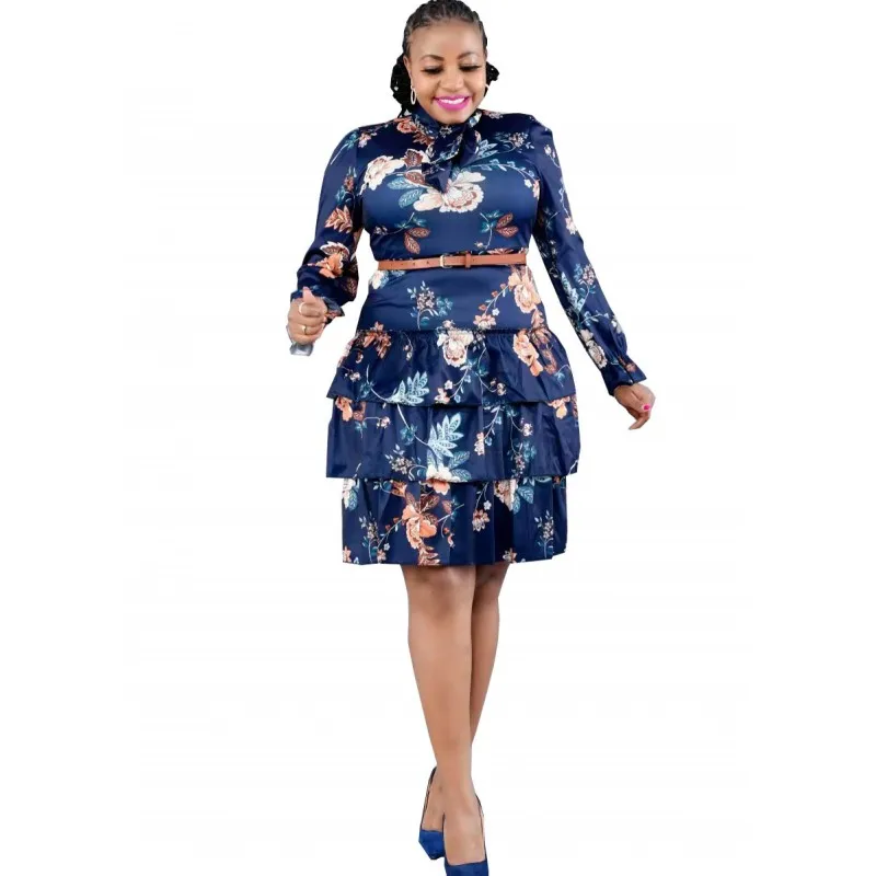 

African Dress For Women High Waist Cascading Ruffles Africa Clothing Fashion New Floral Print Elegant African Office Lady Dress