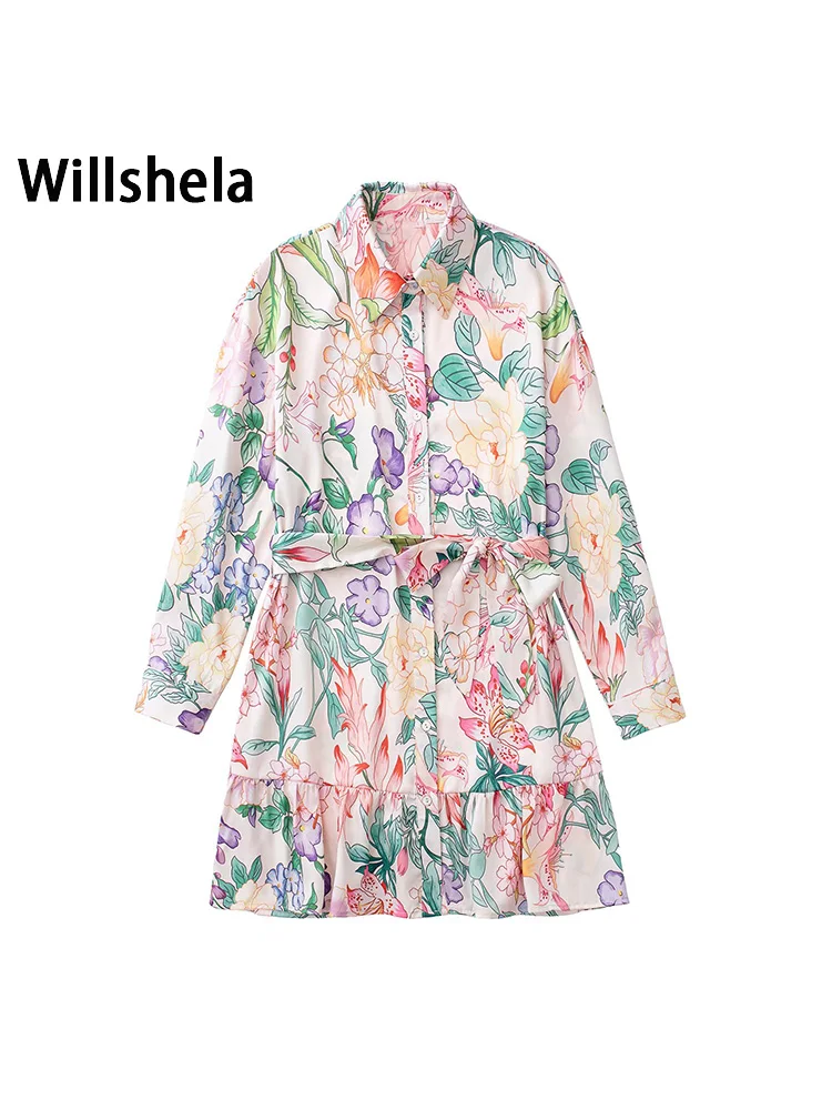 

Willshela Women Fashion With Belt Floral Printed Single Breasted Mini Dress Vintage Lapel Neck Long Sleeves Female Chic Dresses