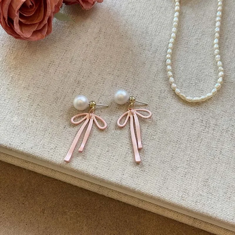 Корейские милые розовые серьги с бантом для женщин и девочек модный дизайн