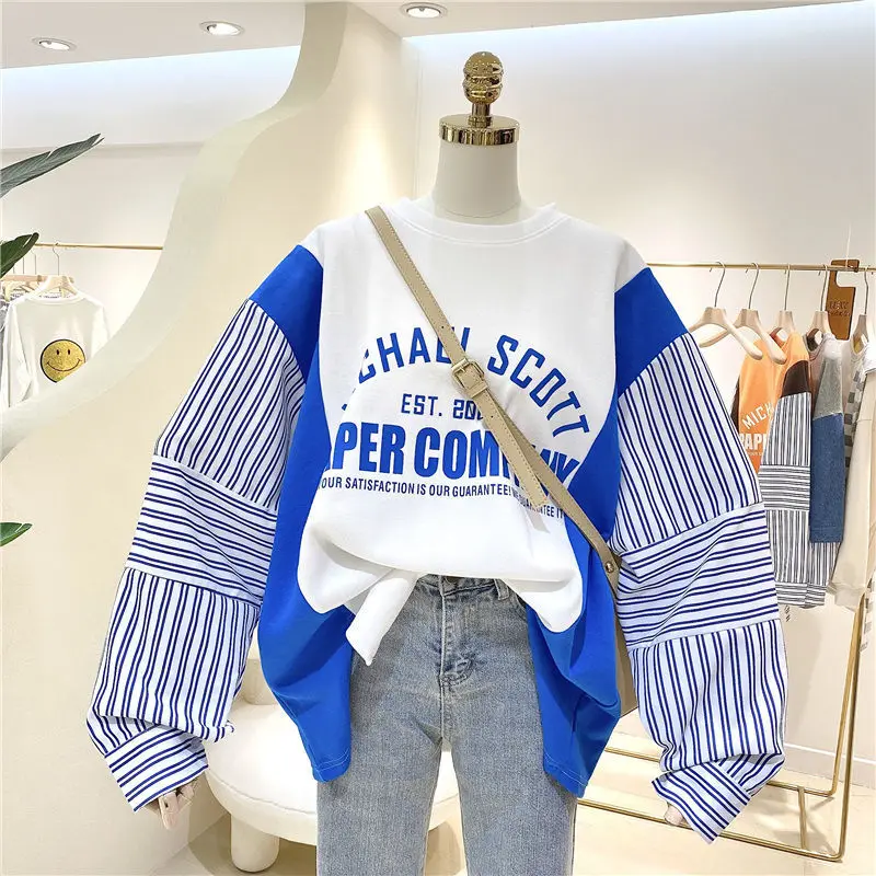 

2022 Autumn All-match Korean Stitching Striped Sleeves Simple Letters Sweatshirt Women Pullover Long Sleeve Thin Jackets Clothes